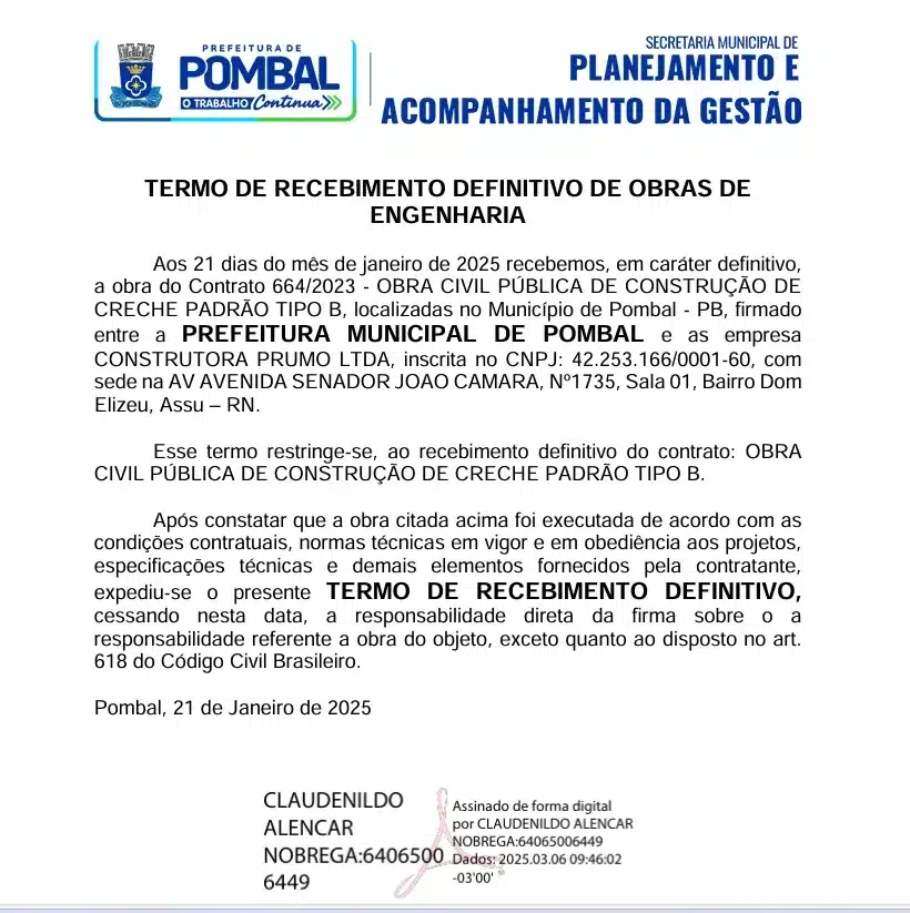 creche recebimento